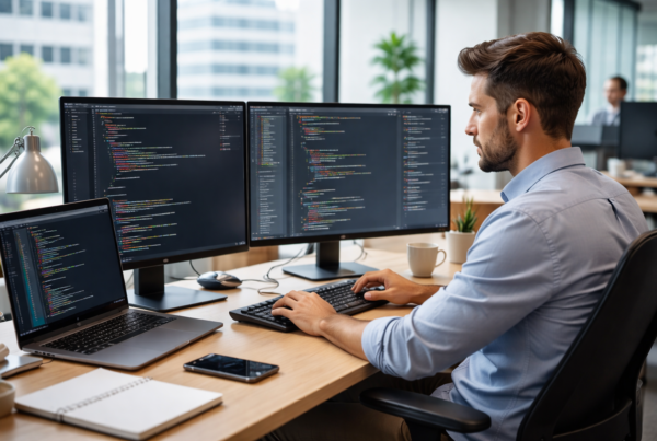 Software engineer working at a modern tech office setup in the US