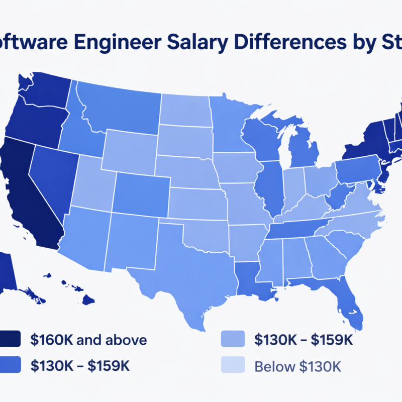 US map showing software engineer salary by state comparison