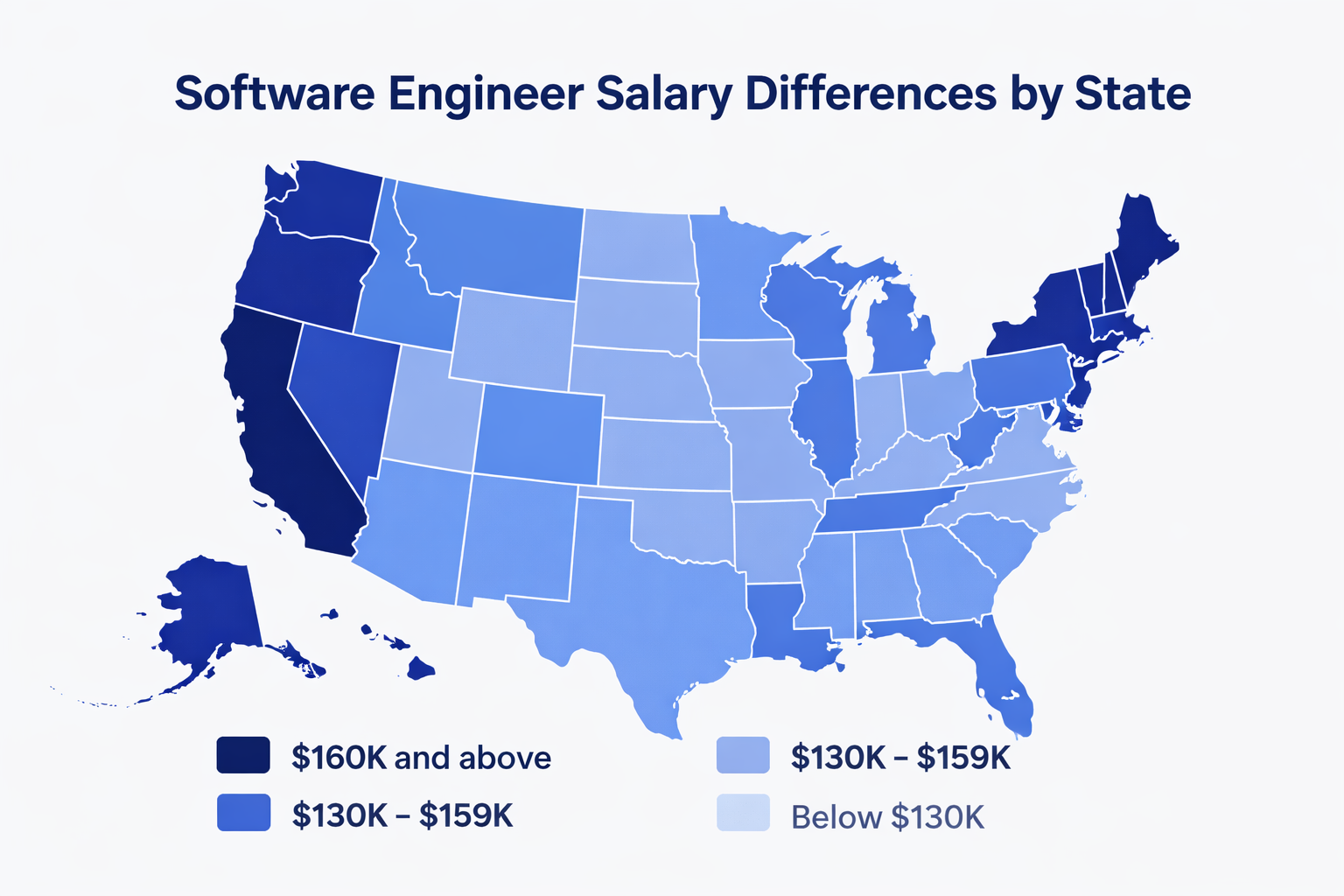 US map showing software engineer salary by state comparison